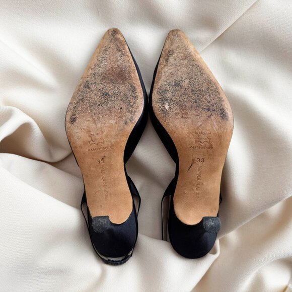 Manolo Blahnik "Carolyne" 90mm Satin Slingbacks in Black, size 38 - Picture 9 of 12